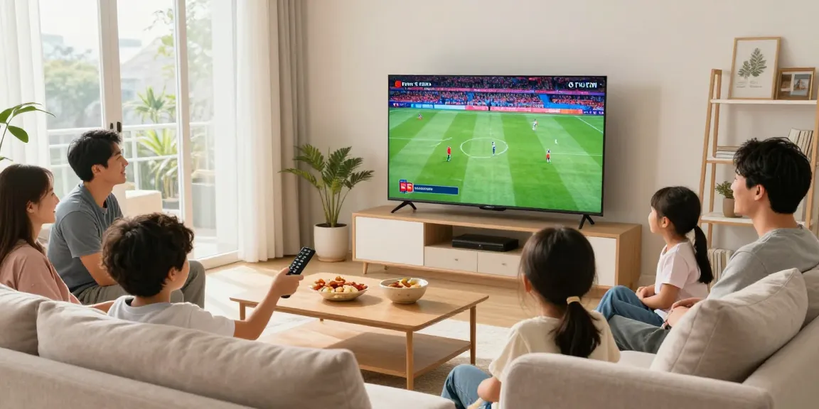 Enjoying Meilleur iptv Canada family entertainment with a vibrant sports match on a smart TV in a bright living room setting