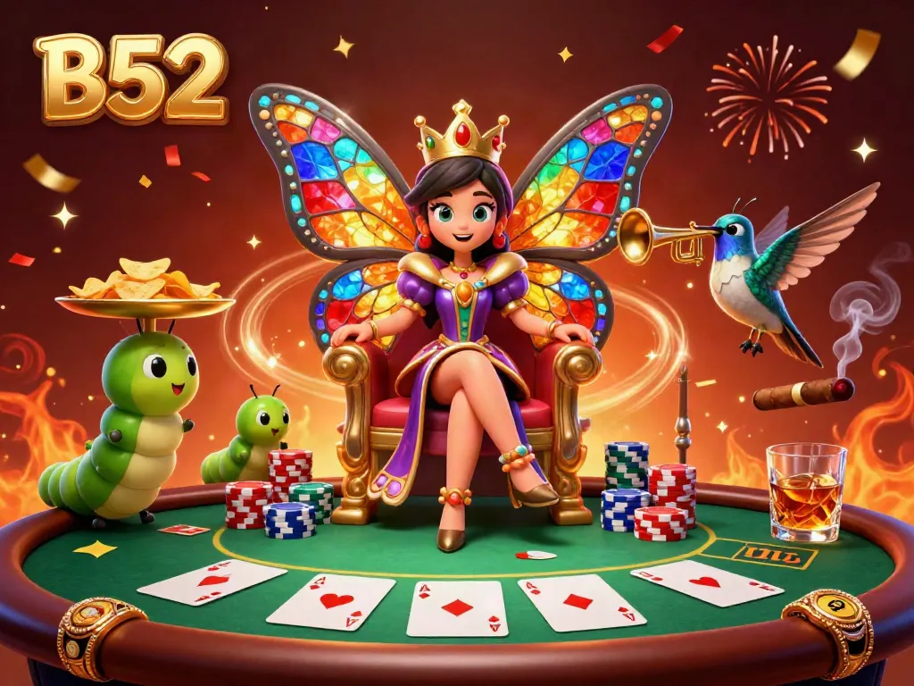 Experience the magical casino world of B52 with a vibrant butterfly queen and poker elements.