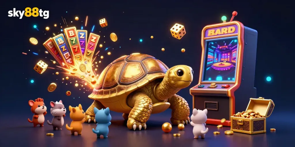 Experience the excitement at sky88tg with a dynamic casino-themed illustration showing pinball games and a jackpot.