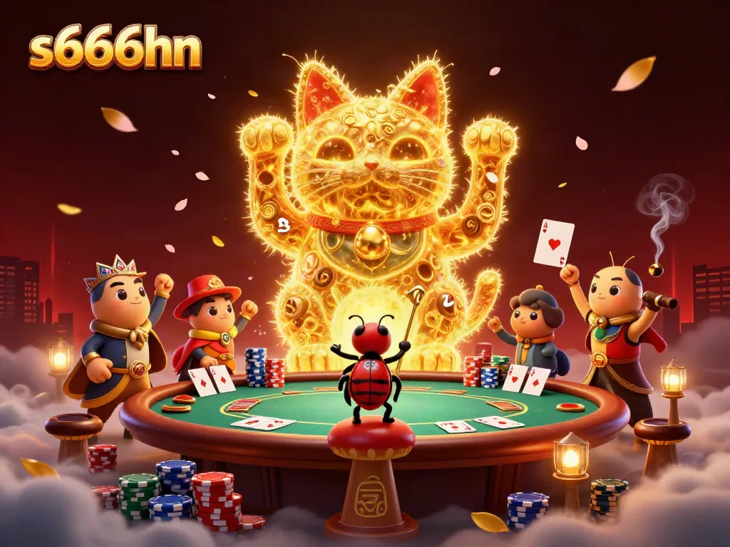 Watch the animated lucky cat and conductor beetle in a vibrant s666hn casino scene.