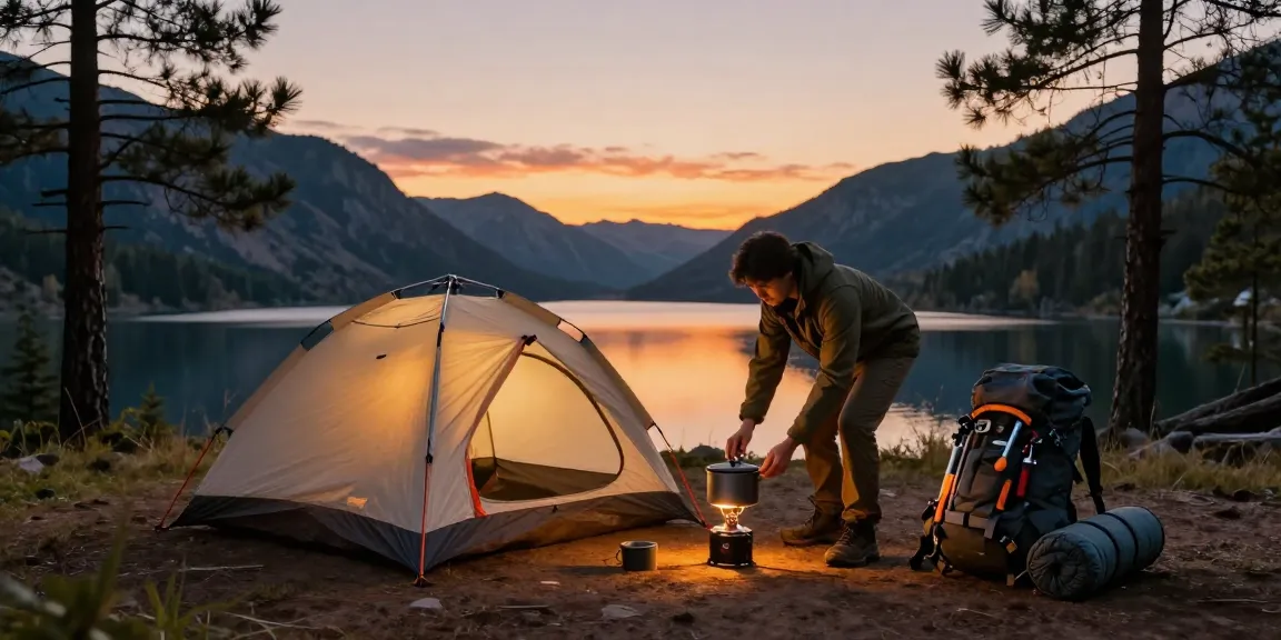 Rokok88 camping gear setup at sunset, showcasing outdoor adventure essentials