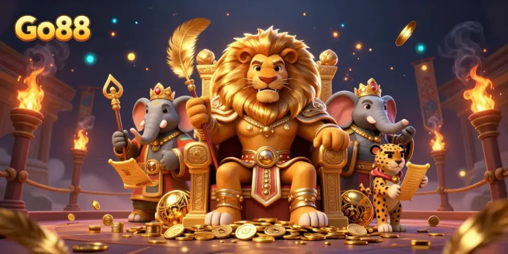 Experience excitement at Go88 with a stunning casino scene featuring a regal lion king and golden casino elements.