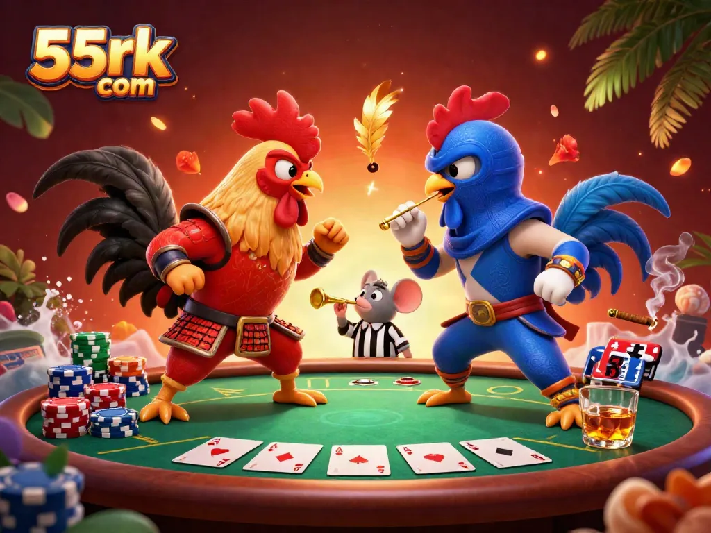 Engage with the thrilling standoff of 55rk com's fighting roosters surrounded by vibrant casino elements.