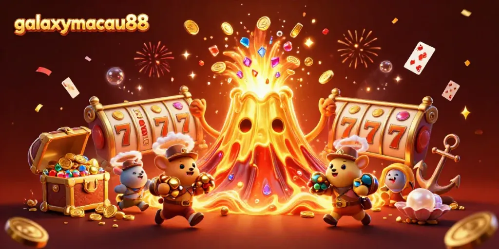 Experience excitement at galaxymacau88 with a vibrant 3D illustration of a golden volcano erupting treasure amidst casino elements.