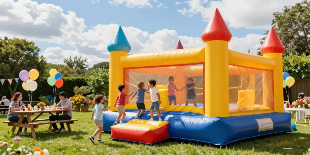 Kids enjoying a colorful bounce castle at a lively outdoor party.