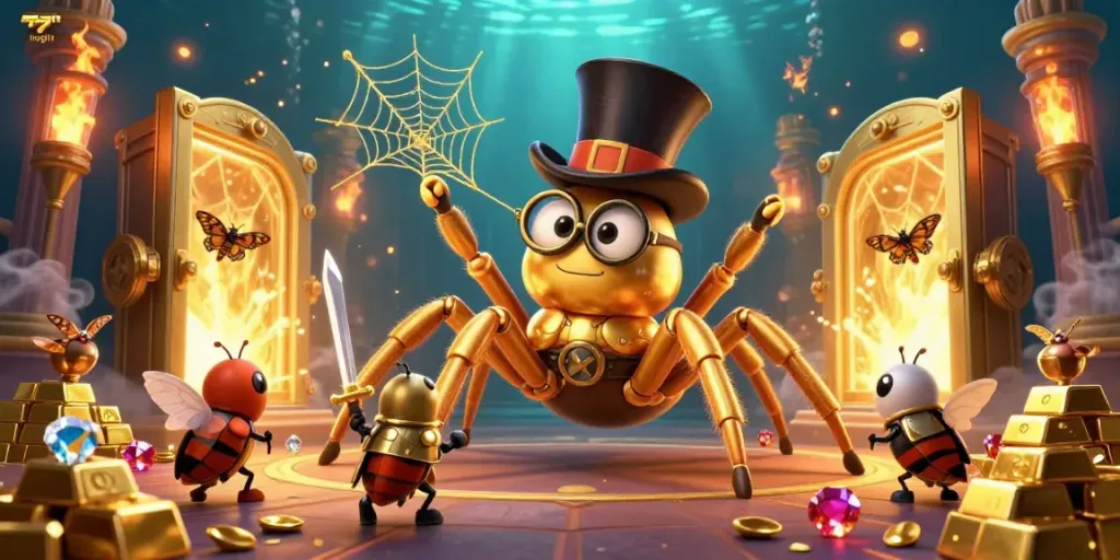 Experience the excitement of 77rt login with a giant golden tarantula weaving among casino treasures.
