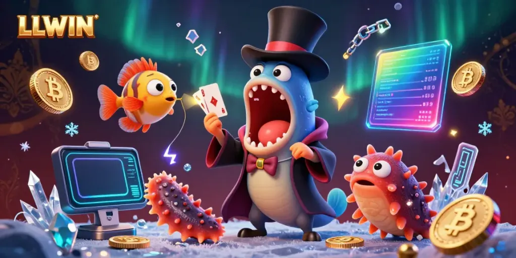 LLWIN presents a vibrant casino scene with magical sea creatures engaged in a captivating card trick, showcasing fun gaming elements.