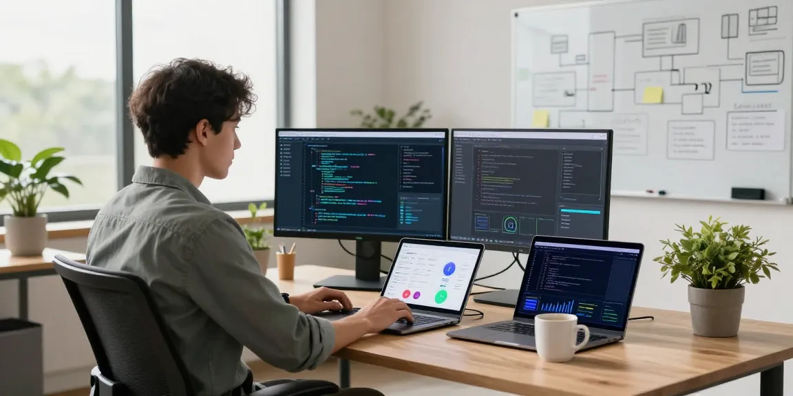 AI Agent software engineer managing advanced tech in a modern workspace.