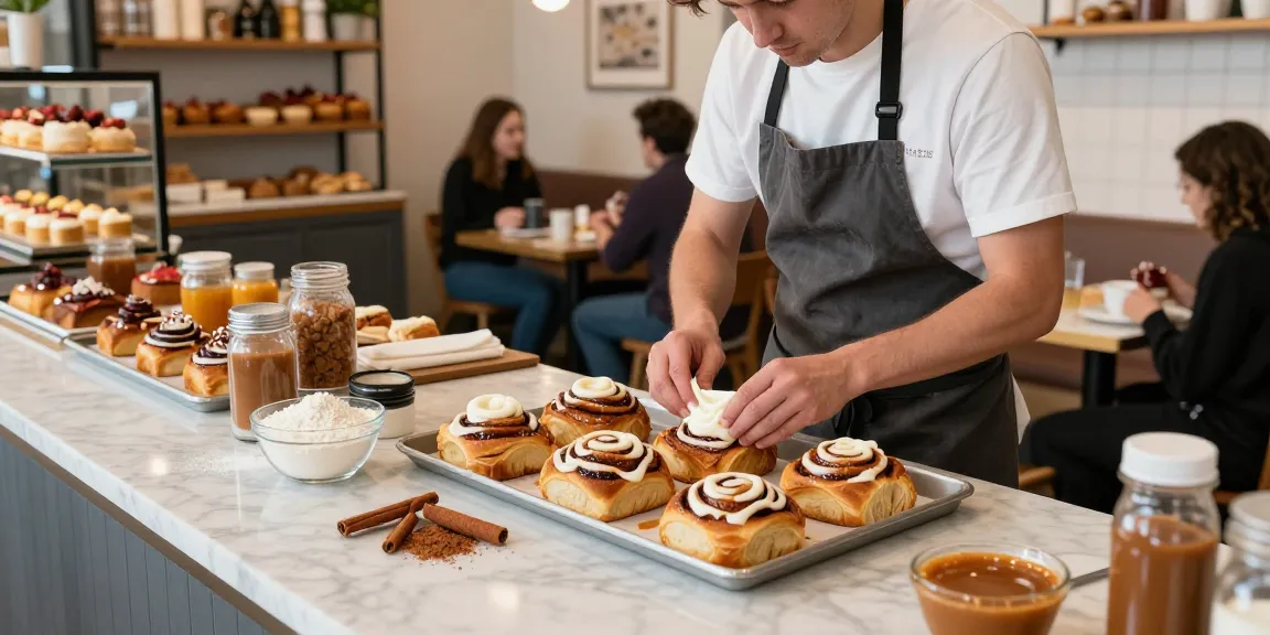 Cinnamon buns Calgary bakery scene with freshly baked buns and a welcoming atmosphere.