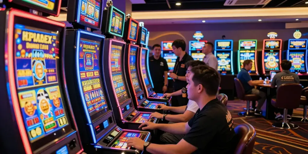 Suasana kasino yang ramai dengan mesin slot berwarna-warni dan pemain yang terlibat.