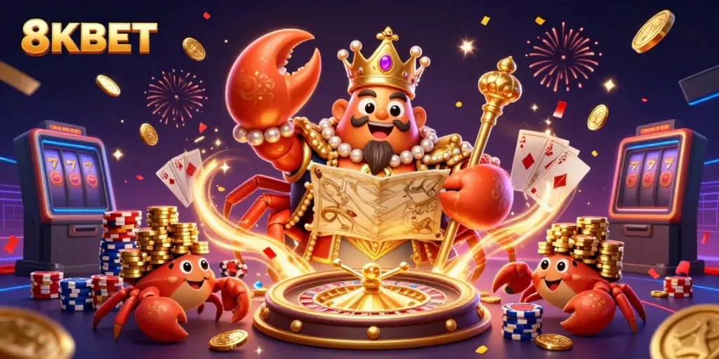 Engage in exciting casino experiences at 8KBET with the golden crab emperor amid flying coins and a vibrant atmosphere.