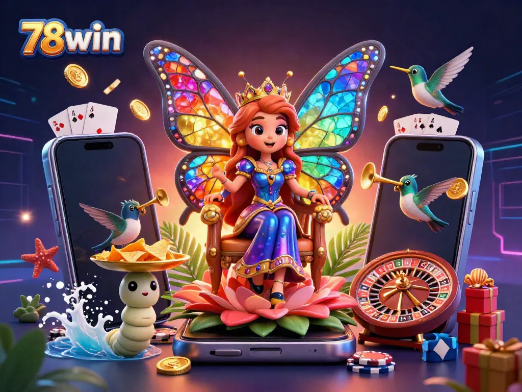 Experience the vibrant world of 78win with a magical casino scene featuring a butterfly queen, engaging games, and festive themes.