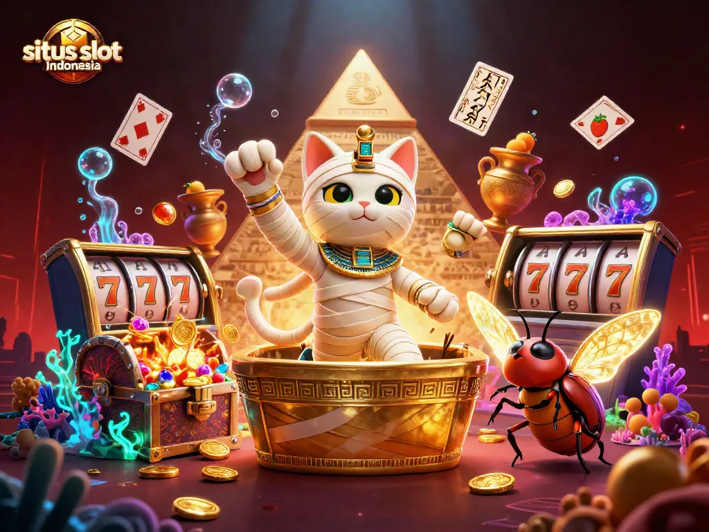 Engage with situs slot indonesia as a 3D cartoon Egyptian mummy cat bursts out of a golden sarcophagus in dynamic casino action.