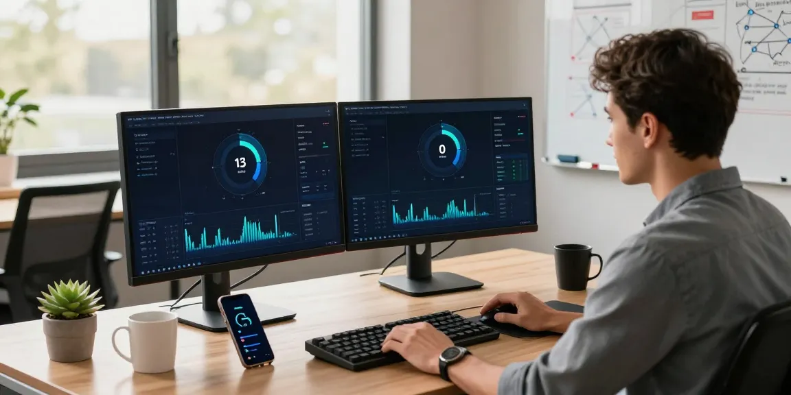 快连 software user optimizing network speed in a modern workspace with dual monitors and tech accessories.