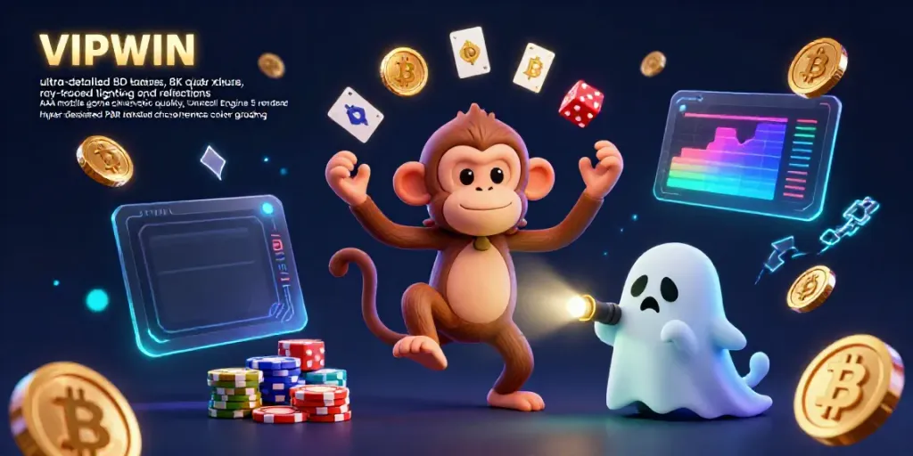 Experience VIPWIN's thrilling energy as a playful poltergeist monkey juggles gold in a haunted casino scene.