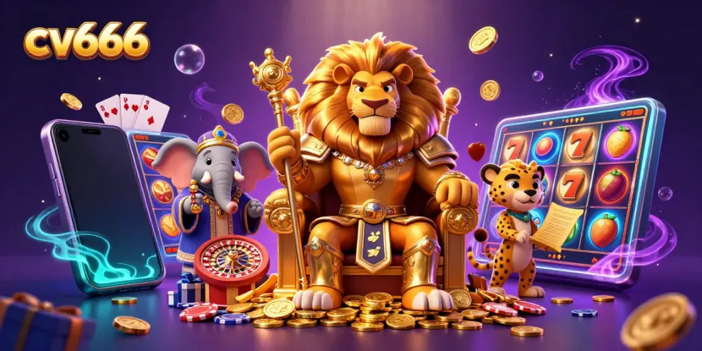 cv666 engages players with a vibrant 3D casino illustration featuring a lion king and slot game elements.