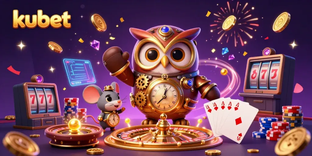 Engage with kubet in a vibrant casino illustration highlighting games, coins, and dynamic casino elements.