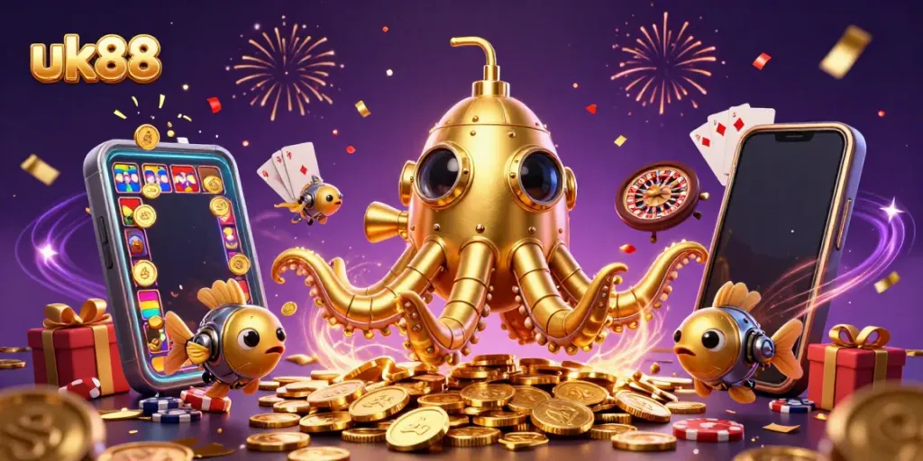 Join the excitement at uk88 with a dynamic 3D illustration showcasing thrilling casino games and jackpot opportunities.