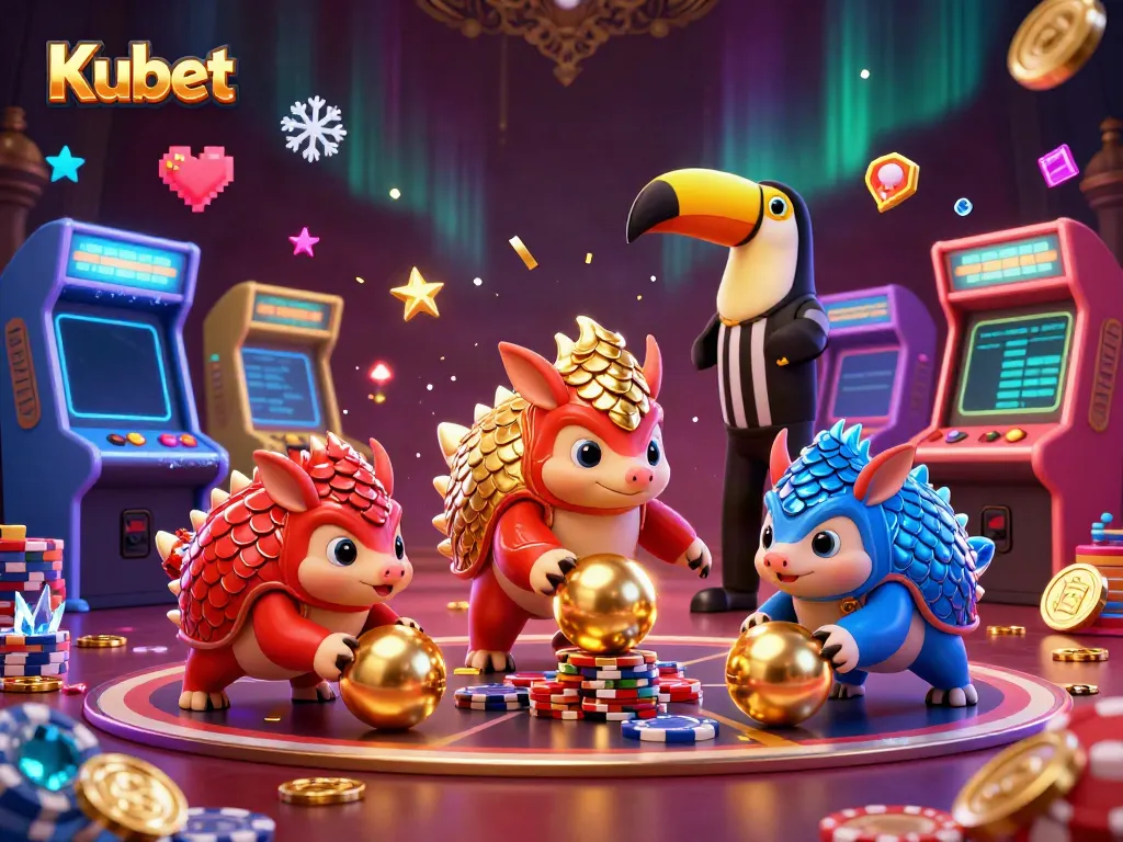 Kubet features a colorful 3D scene with rival pangolins bowling through poker chips, showcasing vivid gaming elements.