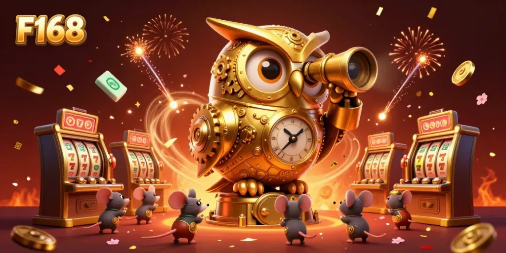 Engage with the exciting world of F168, featuring a whimsical golden owl and vibrant casino elements.