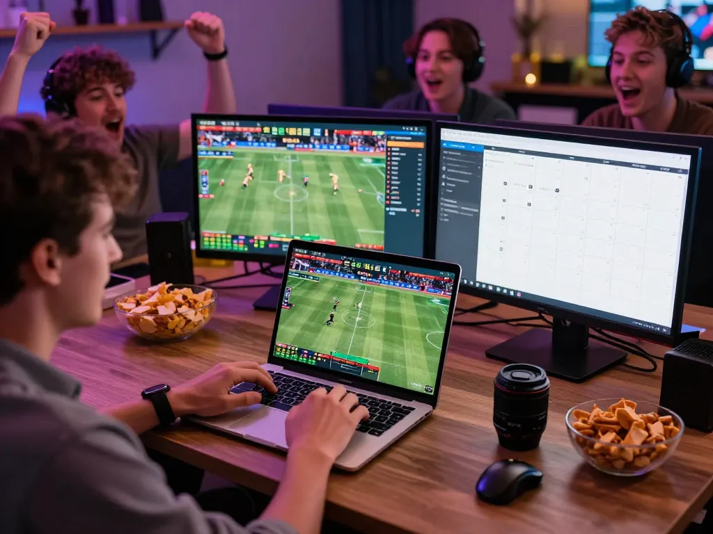 Engaging online sports betting scene at https://www.mnm88.com/ with a person using multiple screens to track live events and odds.