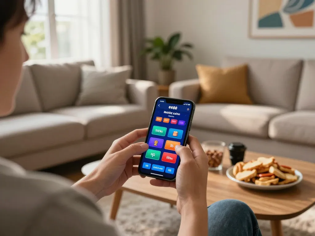 Engaging with ee88 mobile app on smartphone in cozy living room setup, showcasing responsible gambling.