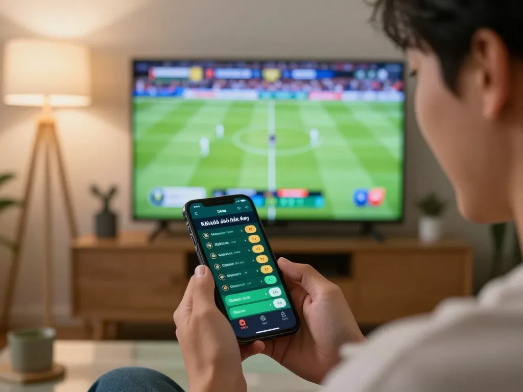 Kèo nhà cái hôm nay displayed on a smartphone during an exciting sports betting moment at home