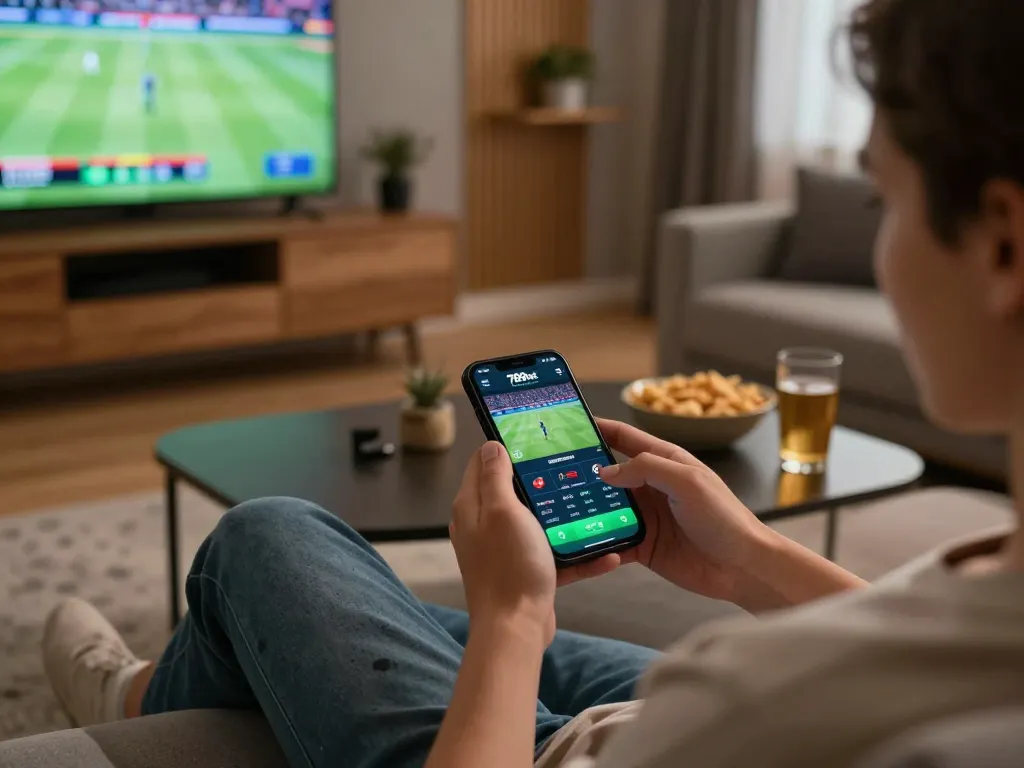 Engaged user enjoying 789bet mobile gaming experience on smartphone in a cozy living room