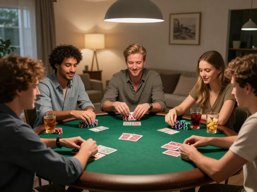 TA88 poker night with friends at home, engaging in Texas Hold'em with chips and cards.