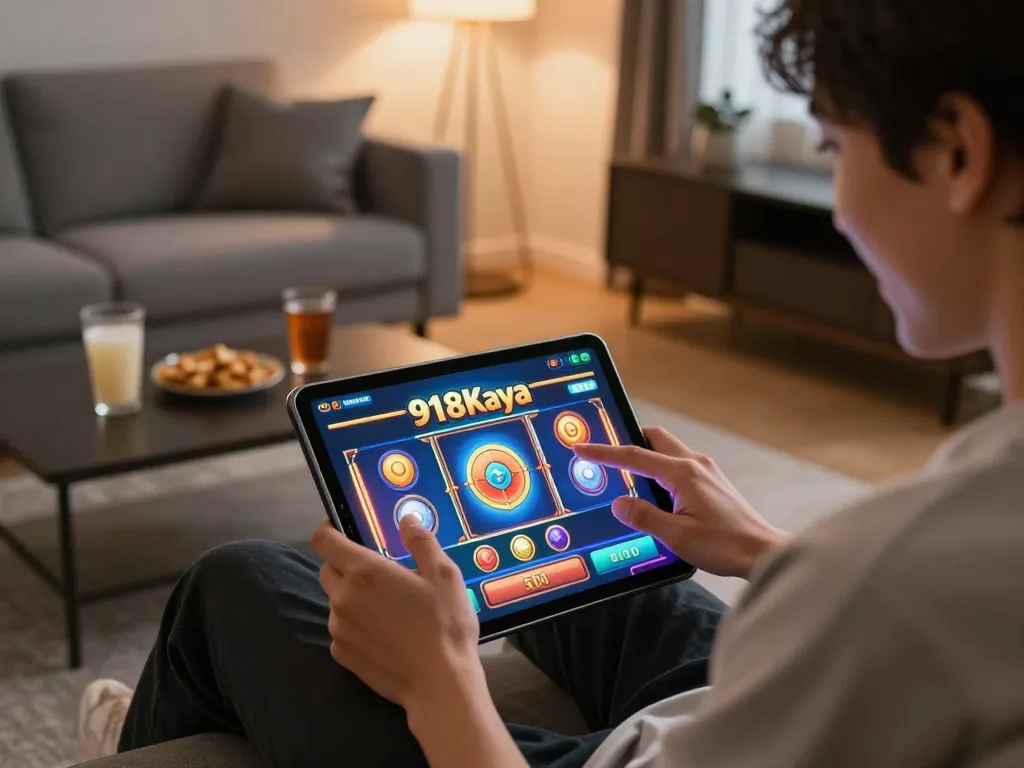 Excited PNG player exploring download options for 918Kaya on a tablet in cozy home setting
