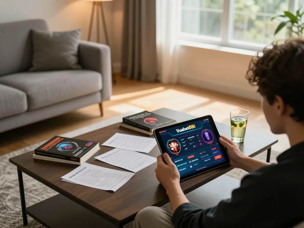 Player engaging with Vuabet88i's online gaming platform, showcasing an immersive experience in a cozy home setting