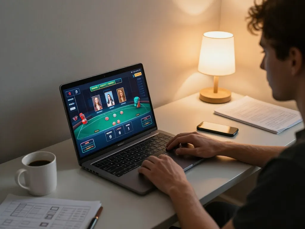 Engaged player enjoying vip79 online poker game on laptop with strategy notes nearby