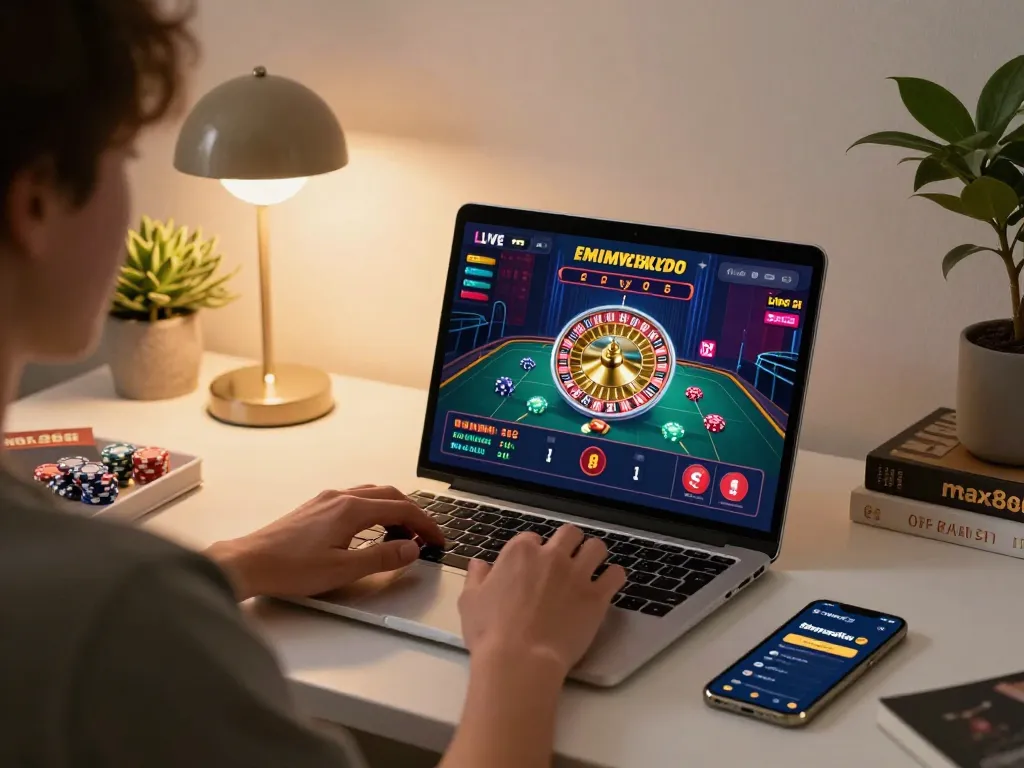 Max88 player engages in live casino gaming with laptop and smartphone in cozy setting