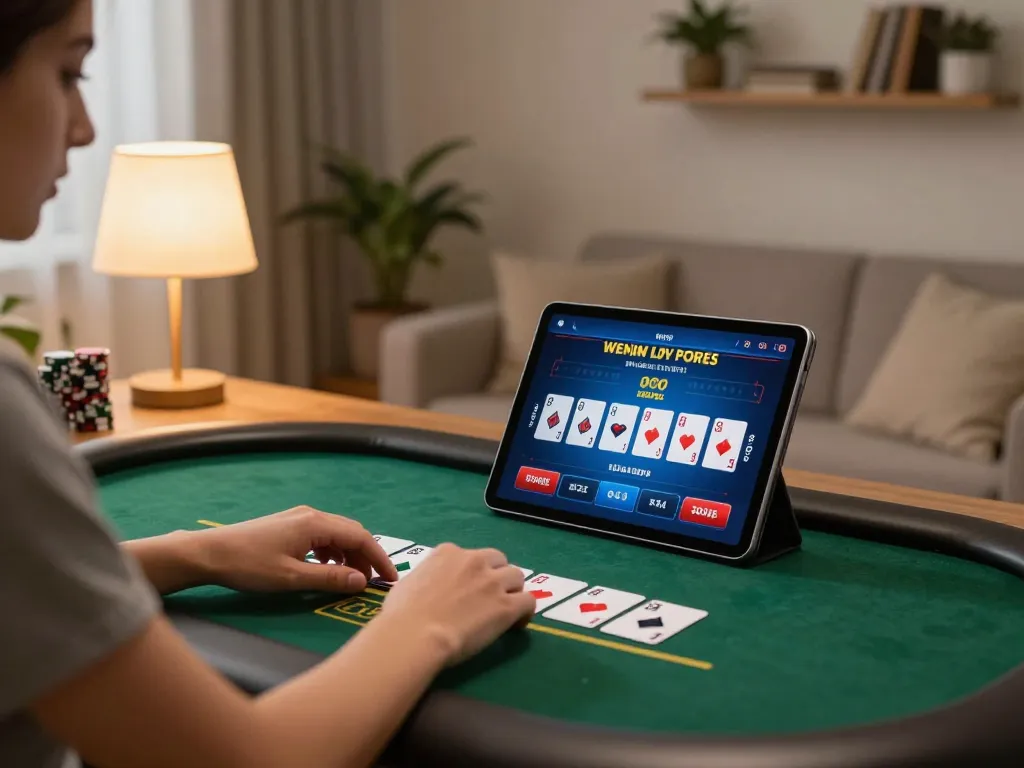 Engaged player using ONE88 app on tablet for strategic casino gameplay at home.