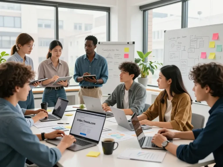 Diverse professionals collaborating on projects in a bright co-working space featuring the website https://7mvna.com/ on a laptop.