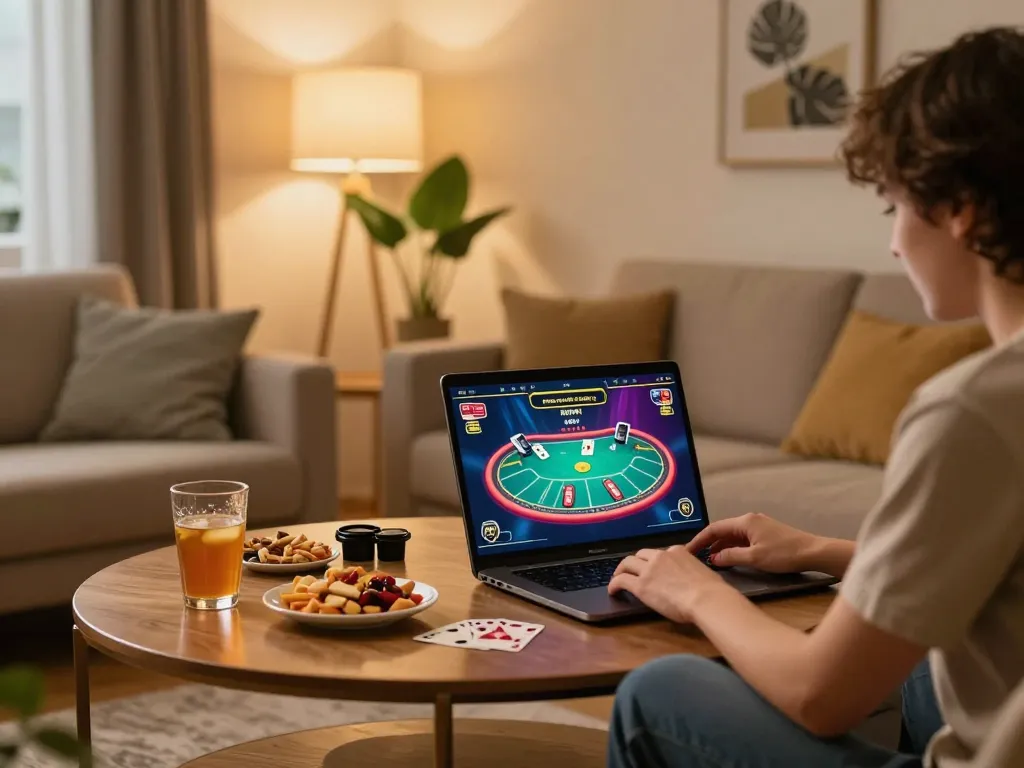 CK444 player enjoying online poker at home with cozy setup and ambient lighting.