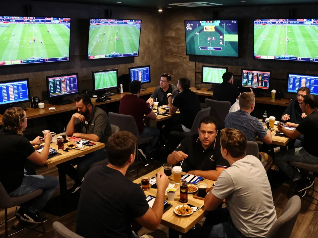 Fans gathering to analyze football matches at vsc10 sports betting lounge during game.