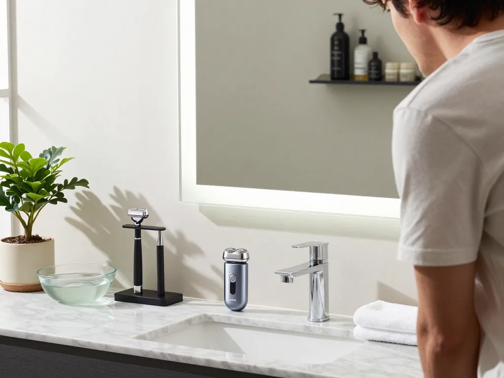 Laifen shaver elegantly displayed in modern bathroom setting during morning grooming routine.