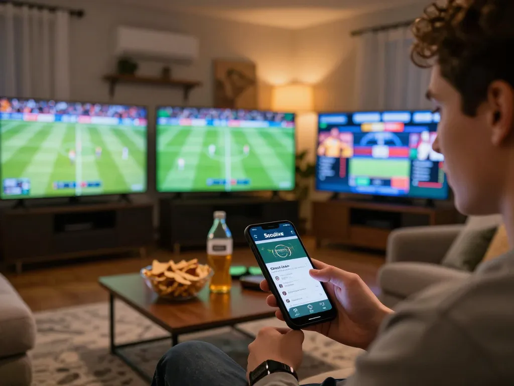 Engaged in placing bets using the Socolive link on a smartphone while watching sports on multiple screens.