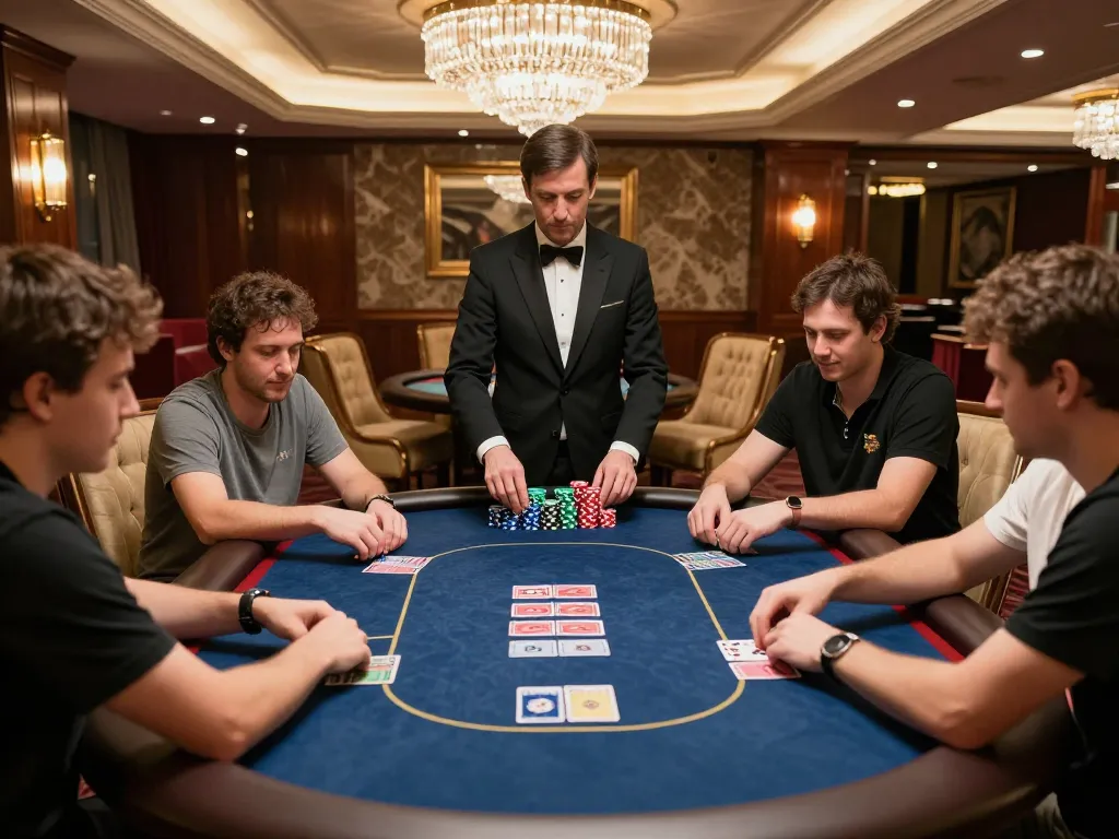 VK88 poker game in a luxurious casino, players engaged with colorful chips and cards.