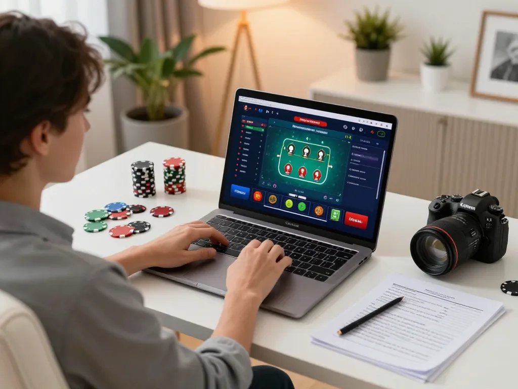 Engaged player strategizing at Trang chủ go99 online casino with detailed notes and laptop setup