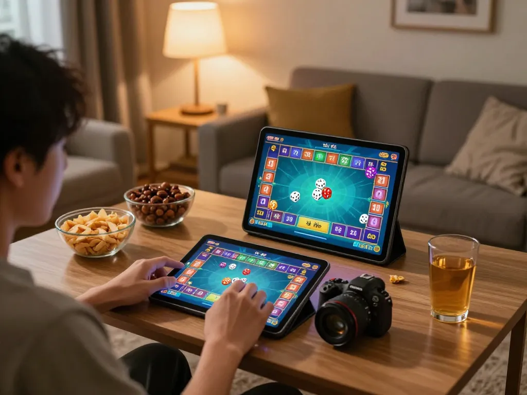 Engaging in game tài xỉu online from a cozy home setup with visible tablet display.