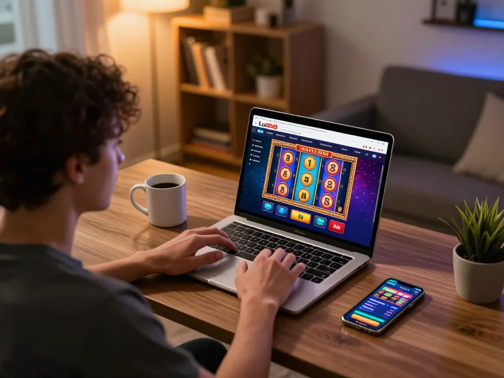 Player enjoying Lu88's online casino with a laptop at home, showcasing engaging slot action.