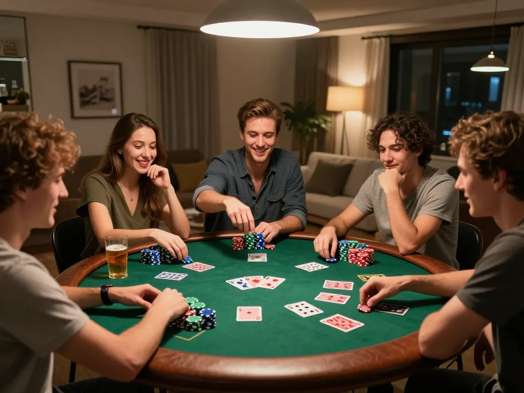 Friends enjoying a lively poker game at home with poker chips and cards, reflecting the excitement of hz88 gaming.