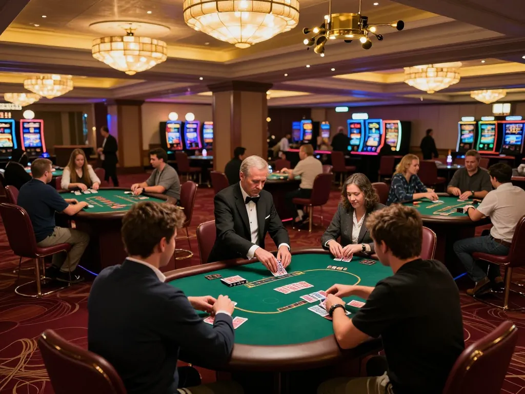 Engaging poker action at Trang Chủ SC88 casino floor with players and dealers in vibrant atmosphere.