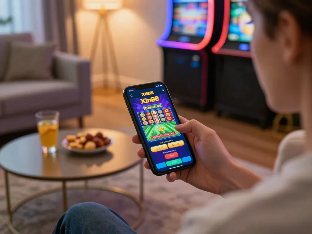 Engaging with the Xin88 casino app on a smartphone, showcasing dynamic gameplay in a cozy home setting