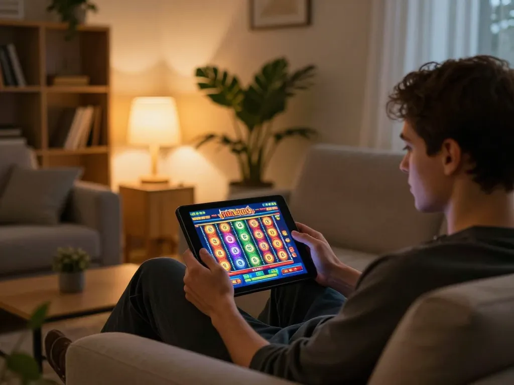 Nohu90 gaming on a tablet in a cozy home setting with warm lighting and inviting atmosphere
