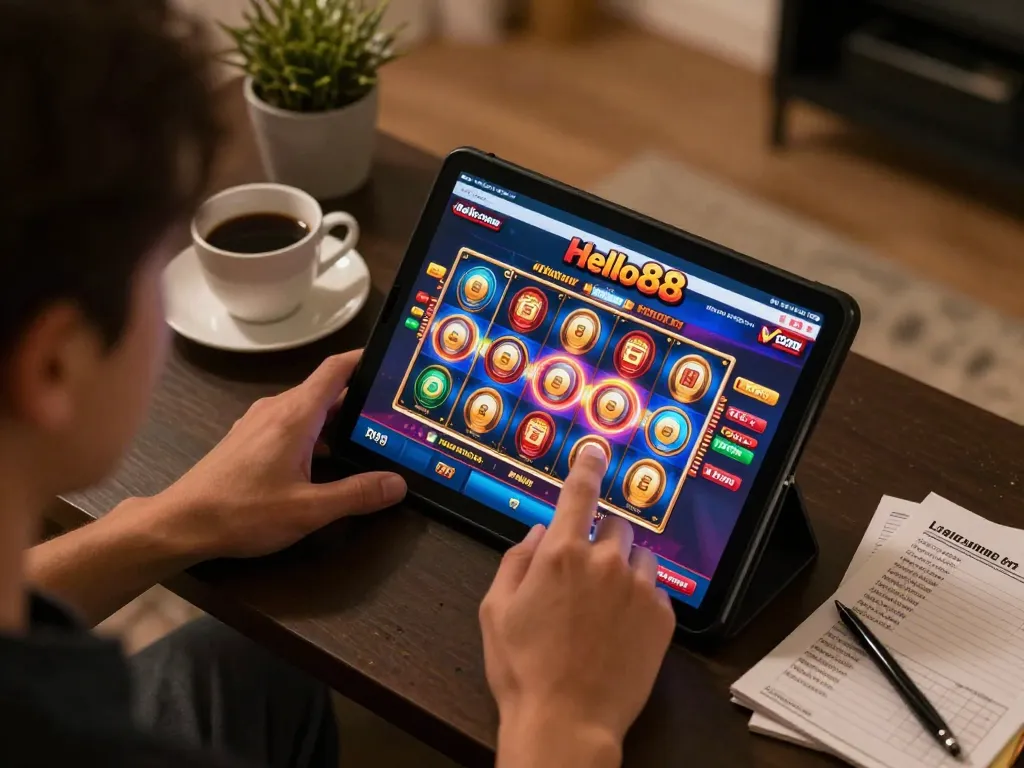 Engaged user playing Hello88 com online slots on tablet at home, emphasizing strategic gaming