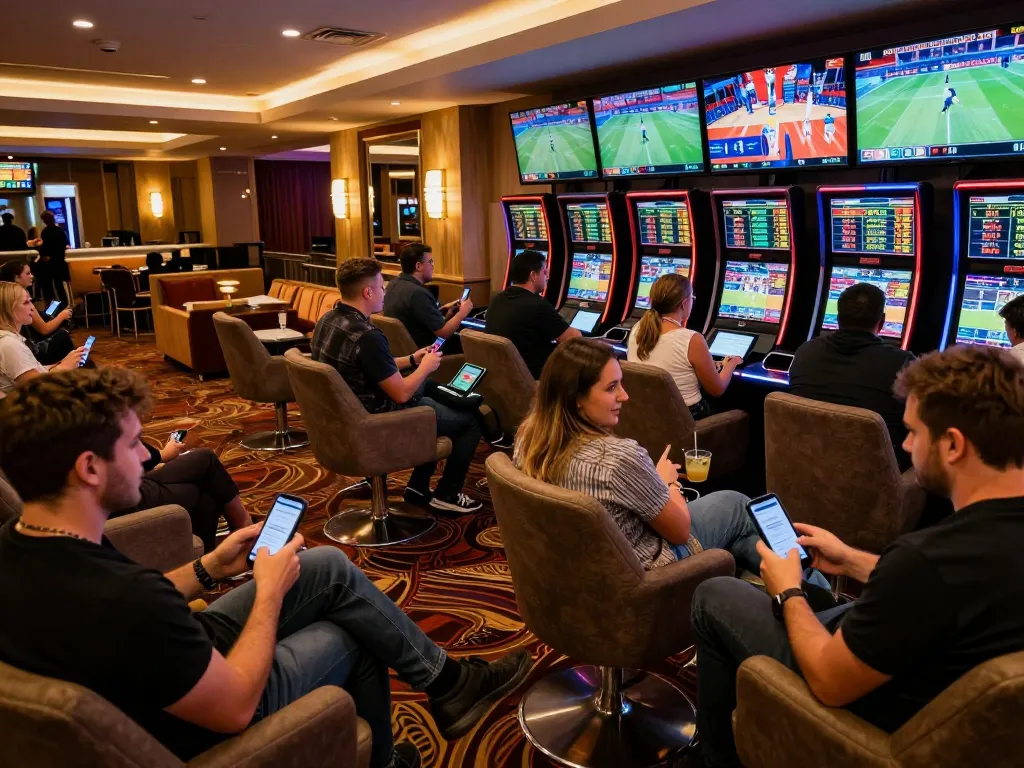 Soi kèo phạt góc action in a lively sports betting lounge with fans watching live events