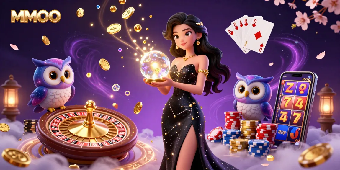 Experience the magic of MMOO with vibrant casino elements, showcasing a stunning woman and mystical owl.